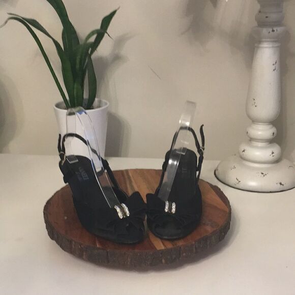 Vaneli di Notte Black Satin Slingback Rhinestone Bow Shoes - Picture 1 of 6
